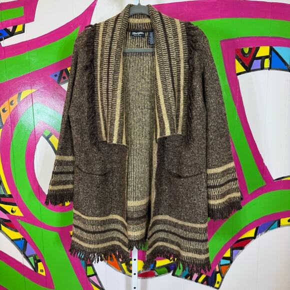 Wrangler Jackets & Blazers - Wrangler Retro, Brown and Cream Shawl Collar Cape Knit Sweater. Size S/M.